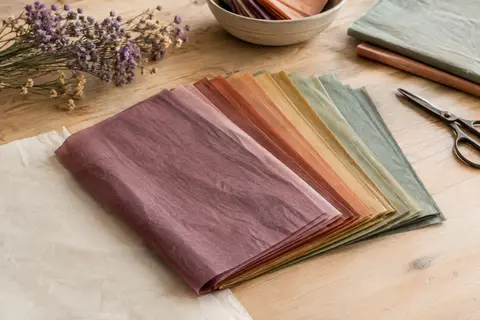 Feuilles de papier de soie coloré Kesote disposées en éventail sur une table d’atelier claire.