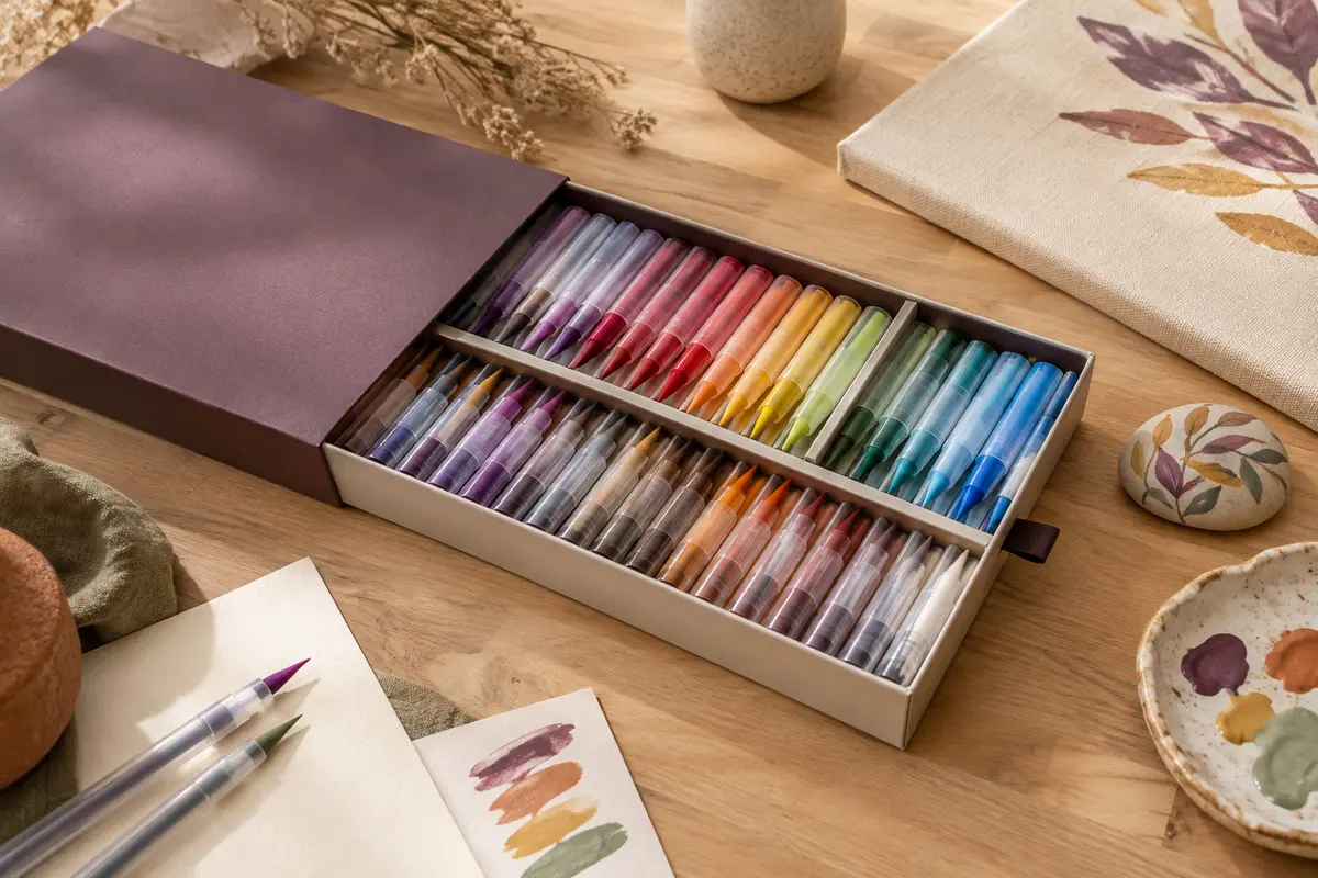Coffret ouvert de 72 feutres acryliques colorés à pointe pinceau sur une table d’atelier