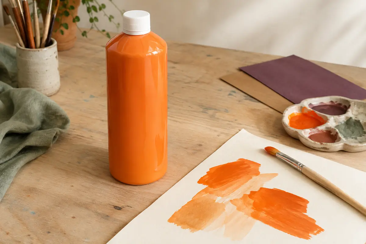 Bouteille de gouache liquide orange avec pinceau et aplats de peinture sur papier crème