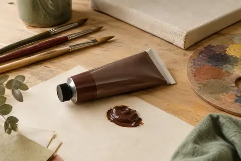 Tube de peinture acrylique et touche brune satinée présentés sur une table d’atelier claire.