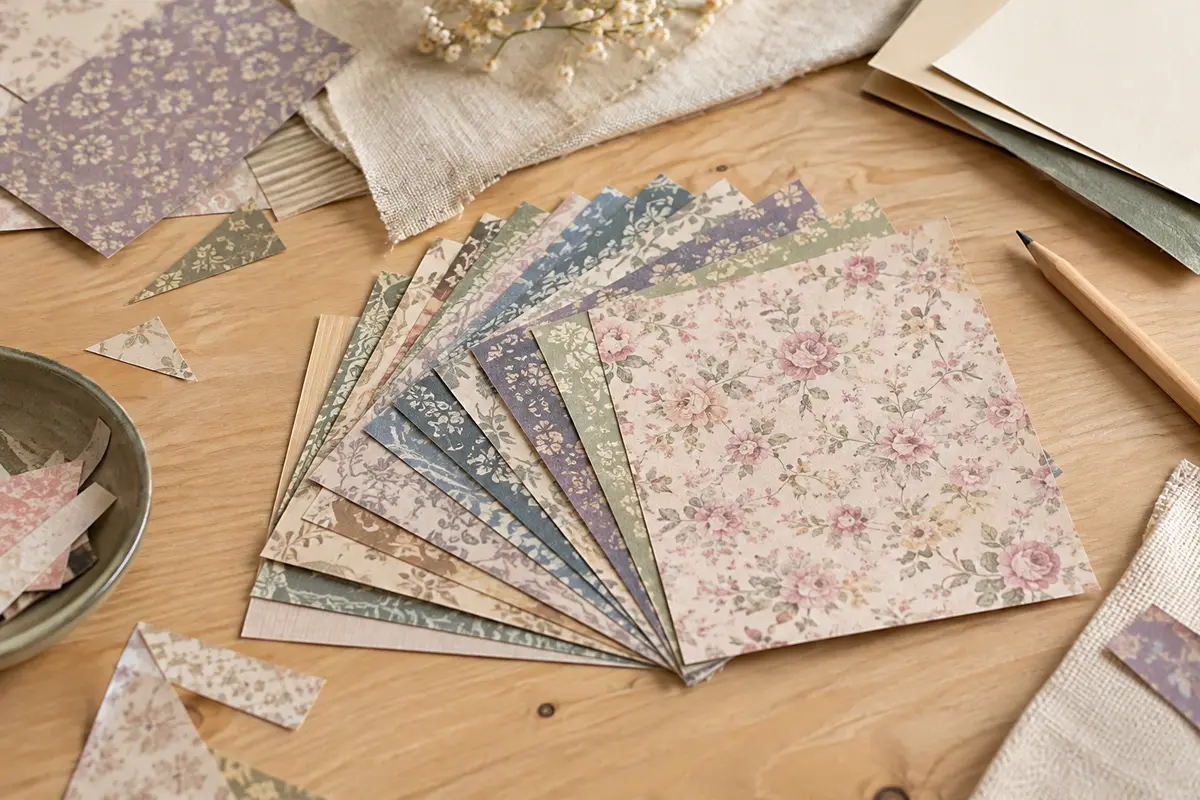Feuilles carrées de scrapbooking vintage aux motifs colorés, disposées sur une table d’atelier en bois clair.