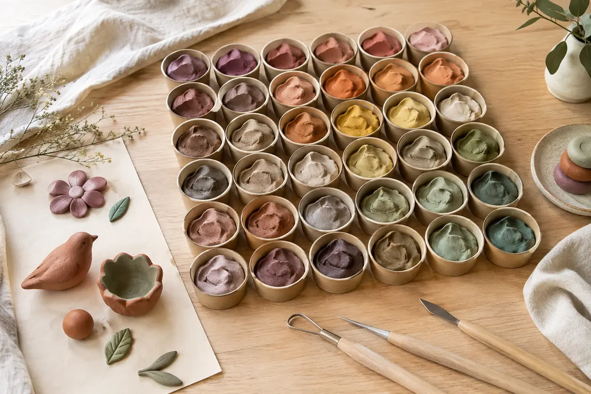 Kit d’argile légère en godets colorés avec trois outils et des formes modelées sur une table en bois clair