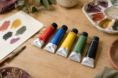 Cinq tubes de gouache Tempera aux teintes rouge, bleue, jaune, verte et noire sur une table d’atelier.