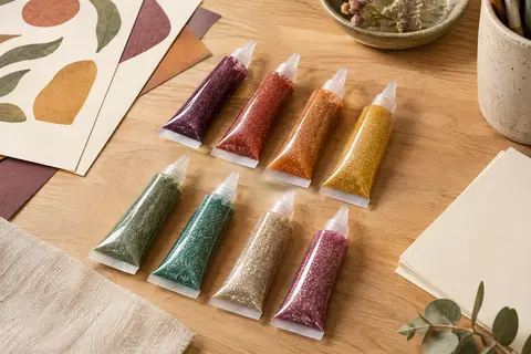 Neuf tubes de colle pailletée assortis avec embouts fins, disposés près de papier crème sur une table d’atelier