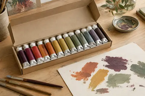 Douze tubes de gouache colorée en aluminium dans une boîte en carton sur une table d’atelier claire.