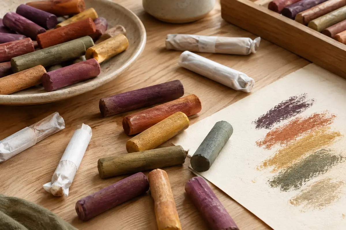 Pastels à l’huile doux multicolores et blancs disposés sur une table d’atelier en bois clair