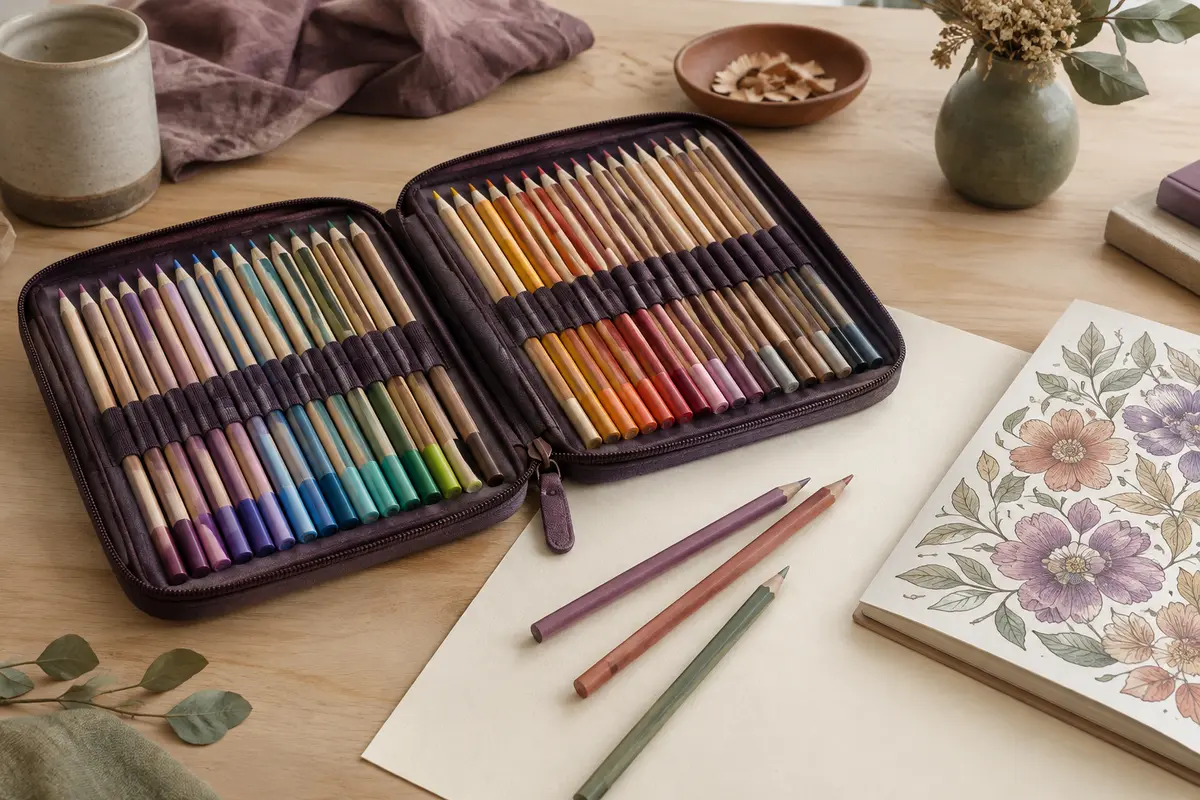 Étui zippé ouvert avec des crayons de couleur en bois et un livre de coloriage sur une table d’atelier