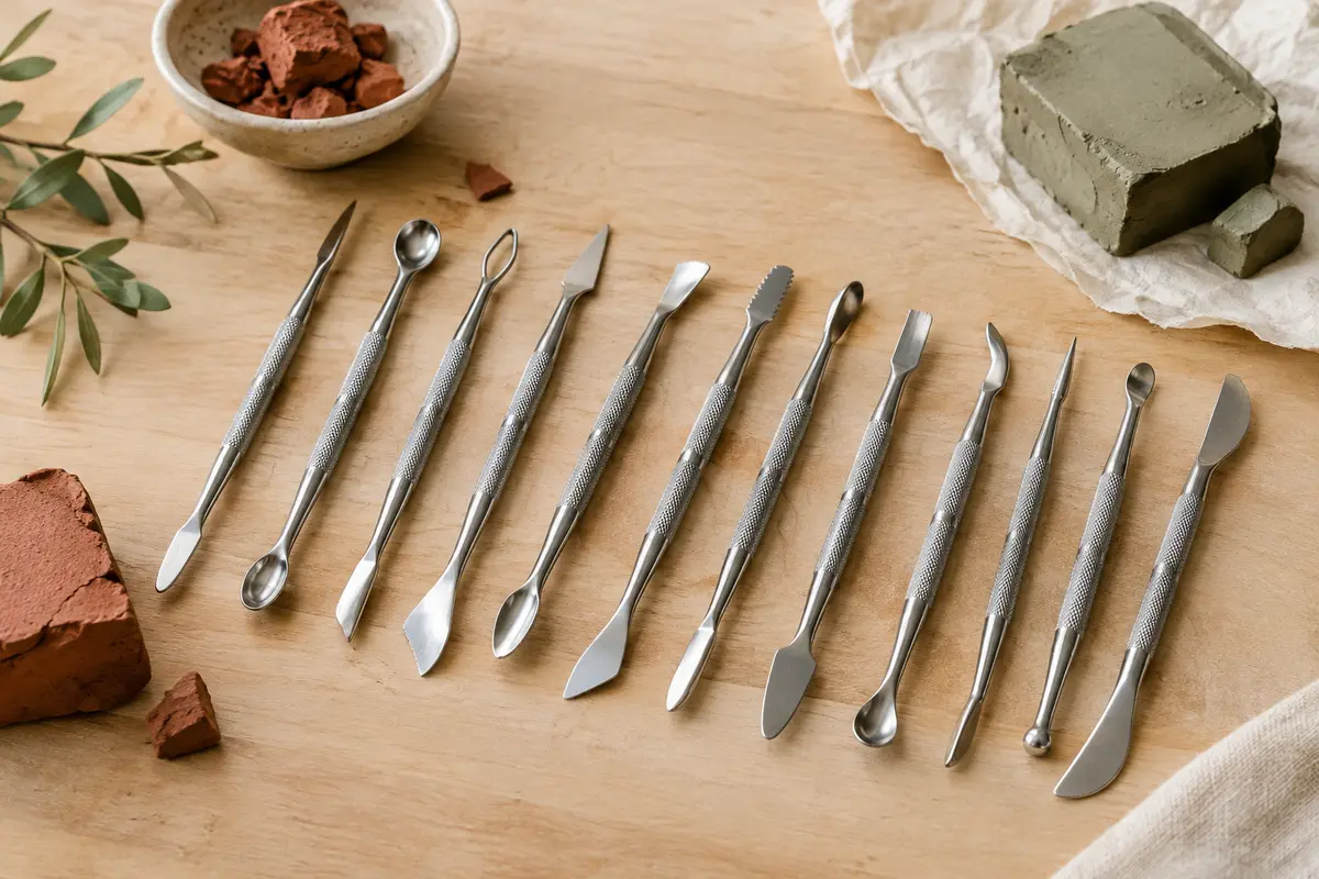 Douze outils de modelage argentés à double embout disposés sur une table d’atelier en bois clair.