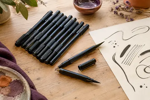 Lot de feutres noirs à double pointe posé sur une table en bois clair avec une feuille de dessin