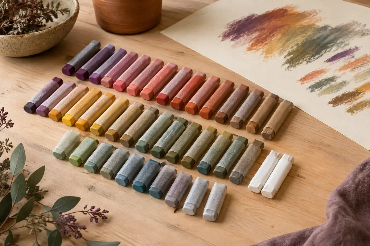 Pastels à l’huile de plusieurs couleurs et trois blancs disposés sur une table d’atelier près d’une feuille crème.