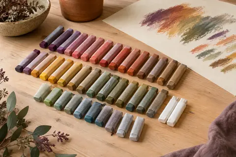 Pastels à l’huile de plusieurs couleurs et trois blancs disposés sur une table d’atelier près d’une feuille crème.