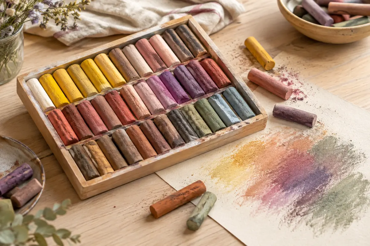 Assortiment de pastels secs multicolores posé sur une table claire près d’une feuille de dessin