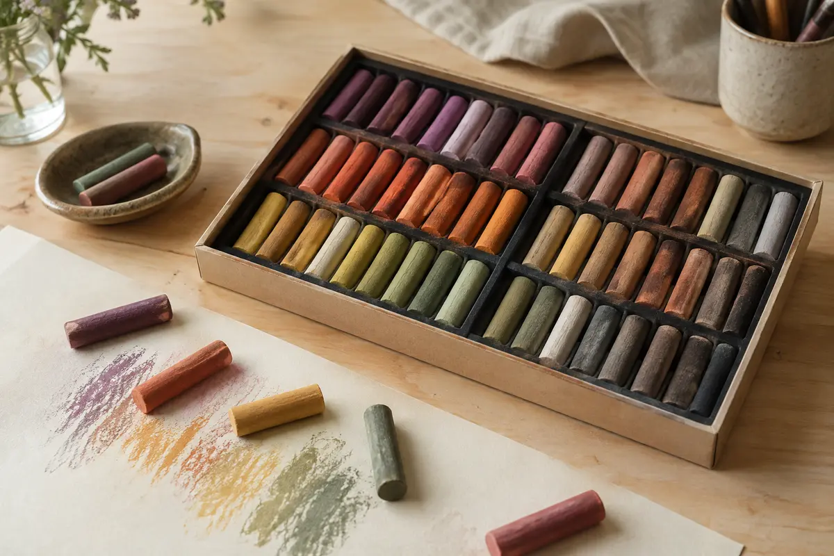 Bâtons ronds de pastels à l’huile assortis disposés sur du papier crème et une table en bois clair