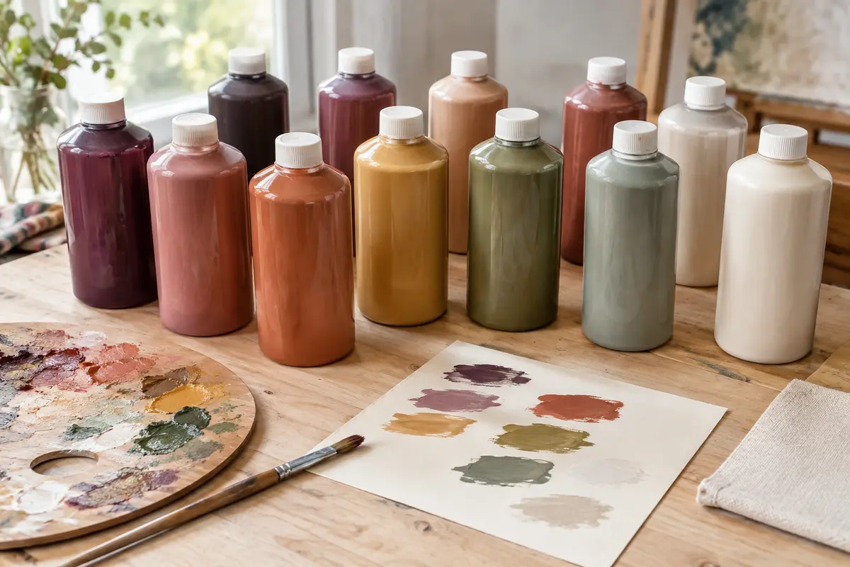 Bouteilles de peinture acrylique aux couleurs variées posées avec une palette et un pinceau sur une table d’atelier