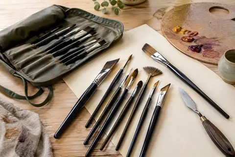Pinceaux de peinture noirs de formes variées avec couteau à palette et étui en nylon sur une table d’atelier