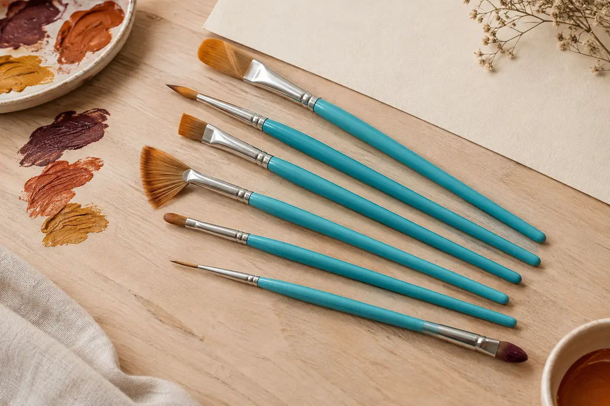 Sept pinceaux de peinture aux manches bleu aqua disposés sur une table d’atelier en bois clair.