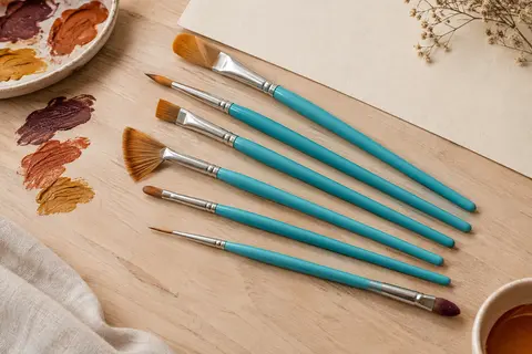 Sept pinceaux de peinture aux manches bleu aqua disposés sur une table d’atelier en bois clair.