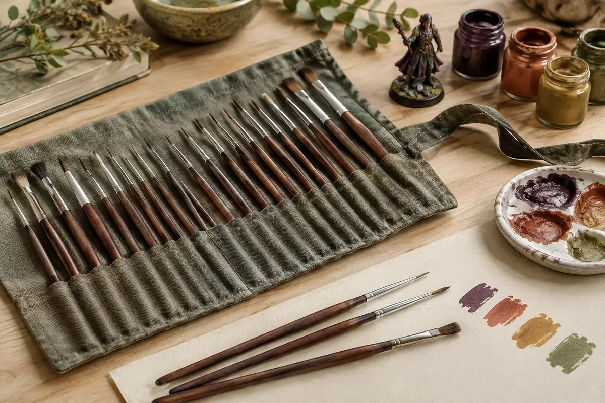 Set de pinceaux marron pour miniatures et pinceaux secs posé près de son rouleau en tissu