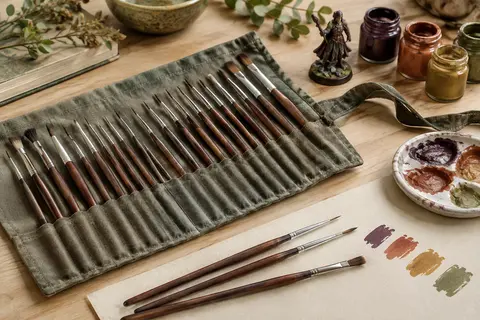 Set de pinceaux marron pour miniatures et pinceaux secs posé près de son rouleau en tissu