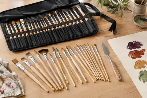 Set de pinceaux en nylon et manches en bois, étui rouleau noir et couteau à palette sur une table