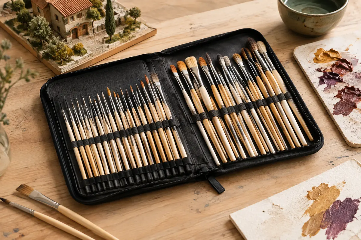 Coffret de pinceaux fins et à sec rangés dans un étui en nylon sur une table d’atelier.