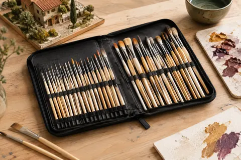 Coffret de pinceaux fins et à sec rangés dans un étui en nylon sur une table d’atelier.