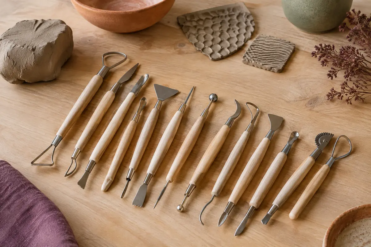 Treize outils de modelage à manches en bois et têtes métalliques disposés sur une table d’atelier claire.
