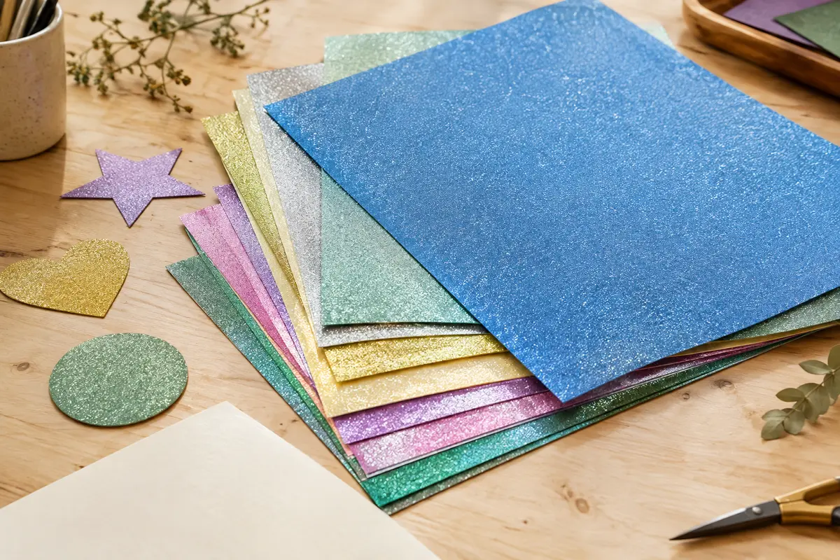 Feuilles A4 de papier pailleté multicolore empilées et découpées sur une table d’atelier claire.