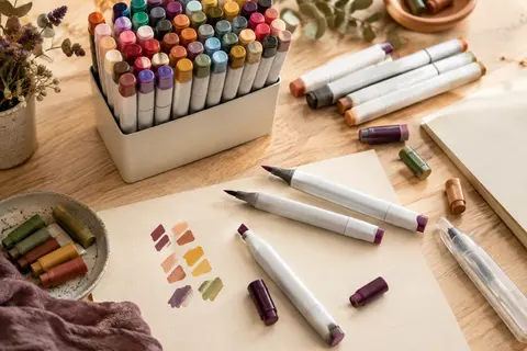 Feutres à alcool Ohuhu à double pointe disposés sur du papier crème, avec des échantillons de couleurs.