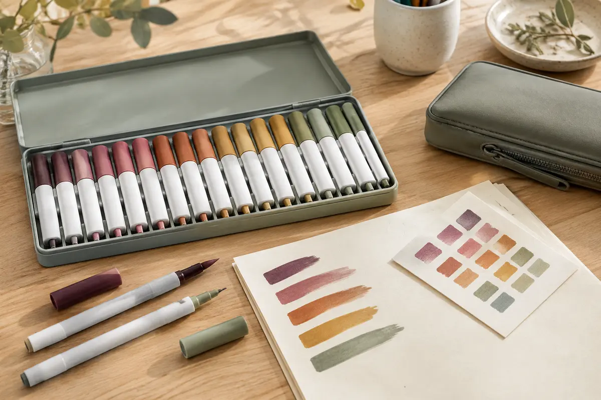 Coffret de marqueurs à alcool à double pointe avec capuchons colorés, nuancier et feuille crème