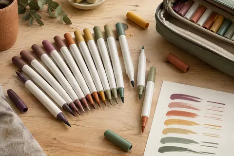 Marqueurs à double pointe multicolores rangés dans leur étui, avec des échantillons sur papier crème.