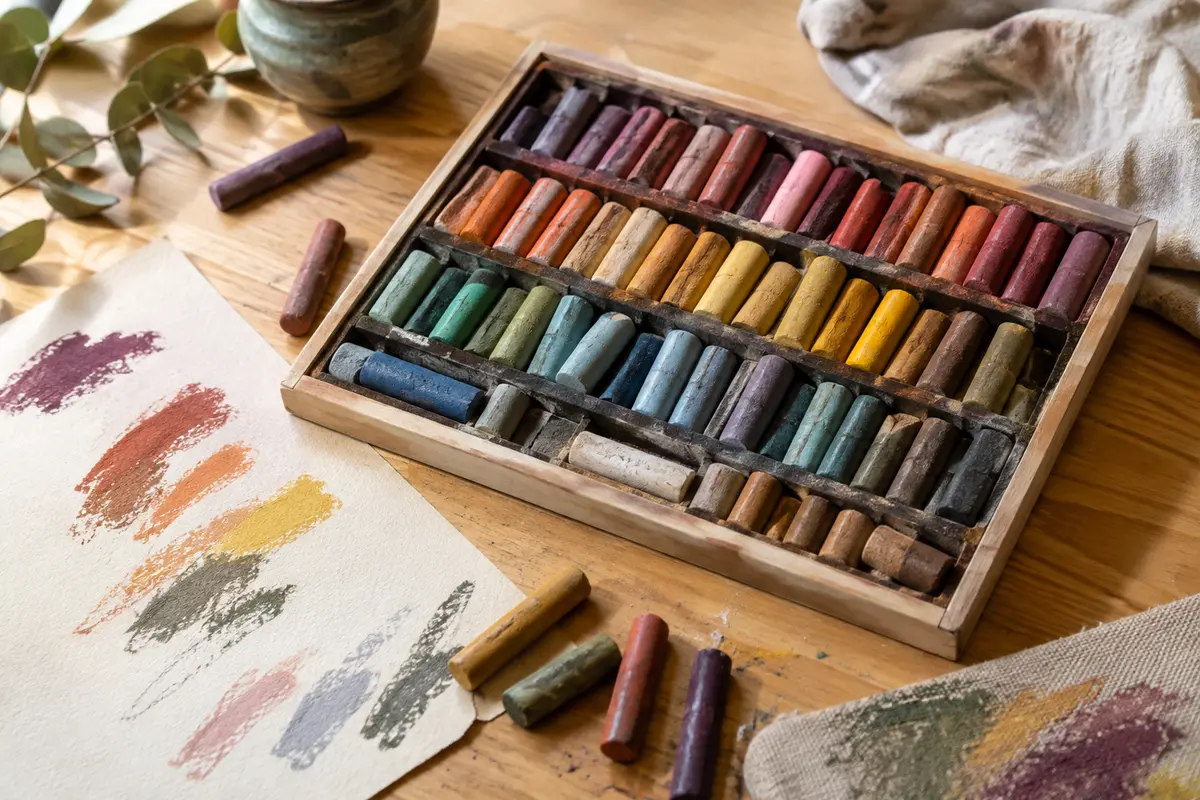 Assortiment de pastels à l’huile aux couleurs variées posé près d’une feuille crème et d’un carton entoilé