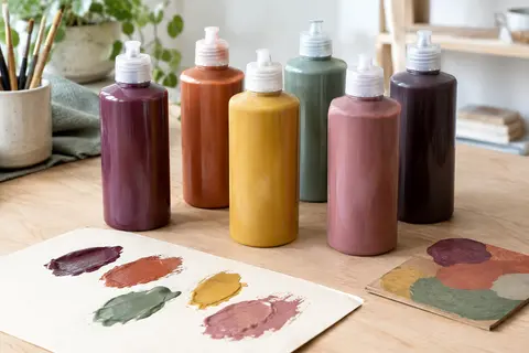 Six flacons de gouache liquide multicolore à bouchons doseurs posés sur une table d’atelier claire