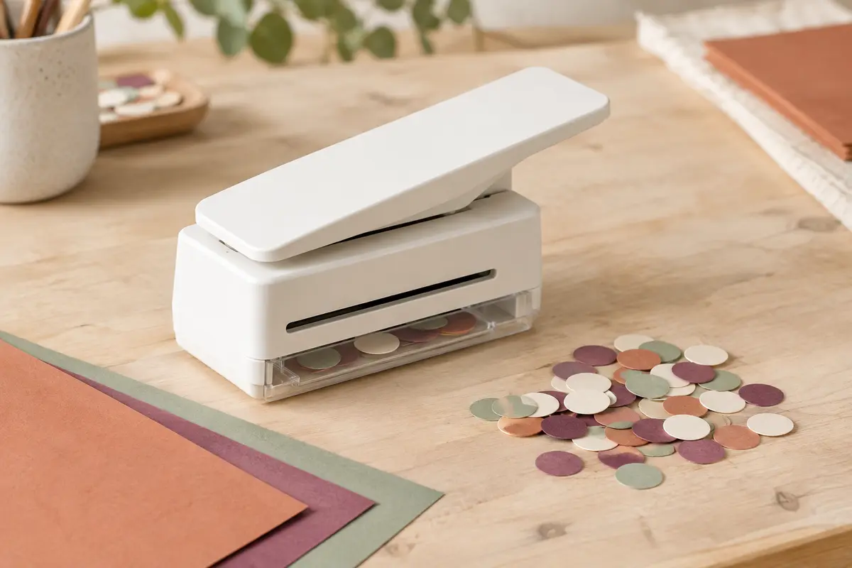 Perforatrice à levier blanche au boîtier bas et allongé, posée près de confettis ronds en papier crème, prune et sauge sur une table en bois clair.