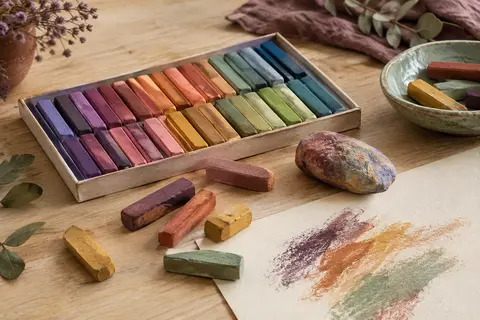 Bâtons de pastel carrés aux couleurs assorties et souche de mélange sur une table en bois clair