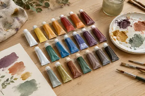Assortiment de 24 tubes de gouache multicolores posé près d’échantillons de peinture sur papier crème.