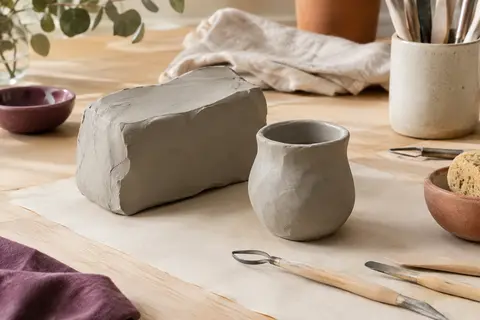 Argile autodurcissante gris pierre et petit pot décoratif façonné sur une table d’atelier