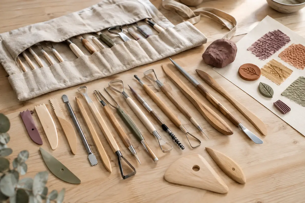 Ensemble de 27 outils de modelage en bois, plastique et acier inoxydable avec leur sac de rangement.
