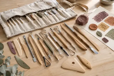 Ensemble de 27 outils de modelage en bois, plastique et acier inoxydable avec leur sac de rangement.