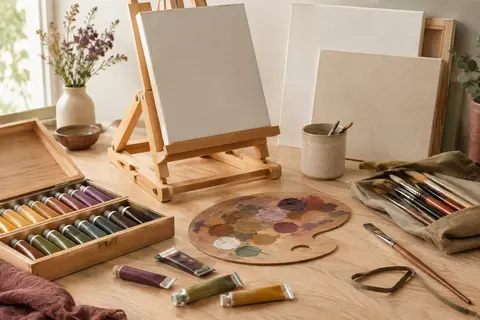 Coffret de peinture acrylique ouvert avec chevalet en bois, tubes, pinceaux et supports sur une table d’atelier