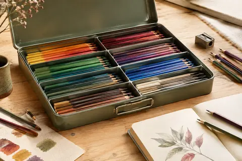 Coffret métallique ouvert de crayons de couleur rangés par teinte, avec carnet et accessoires sur une table claire