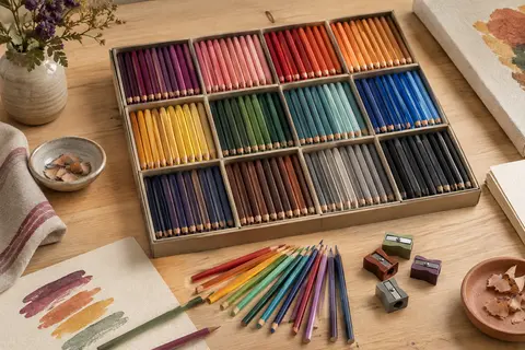 Crayons de couleur Shuttle Art regroupés par teinte avec des taille-crayons sur une table d’atelier claire.