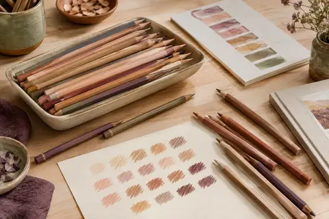 Crayons de couleur aux nuances de peau disposés sur une table claire avec un nuancier.