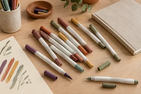 Feutres à double pointe aux capuchons pastel disposés sur une table en bois clair près d’un carnet.