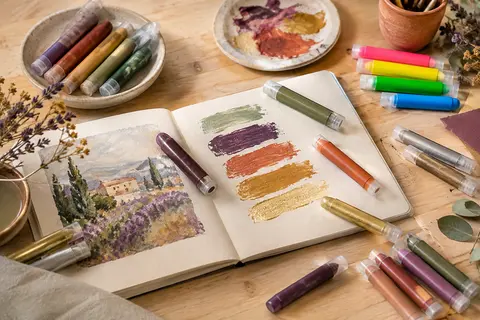 Bâtons de gouache solide aux teintes variées disposés avec un carnet sur une table d’atelier claire.
