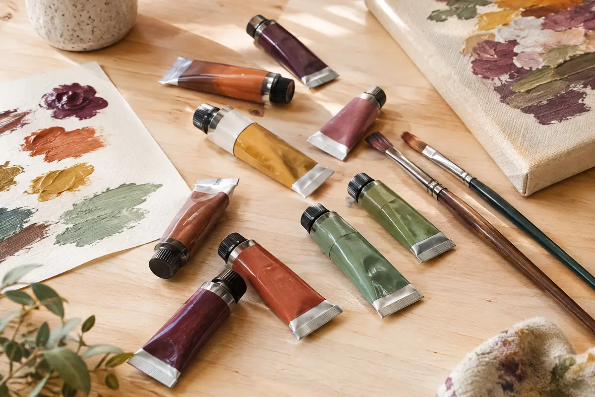 Tubes de peinture acrylique multicolores et trois pinceaux disposés sur une table d’atelier en bois clair.