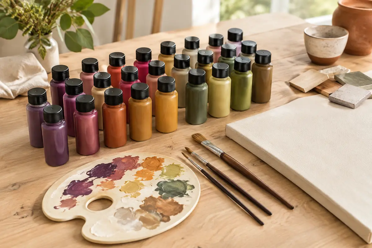 Flacons de peinture acrylique, trois pinceaux et palette disposés sur une table d’atelier claire
