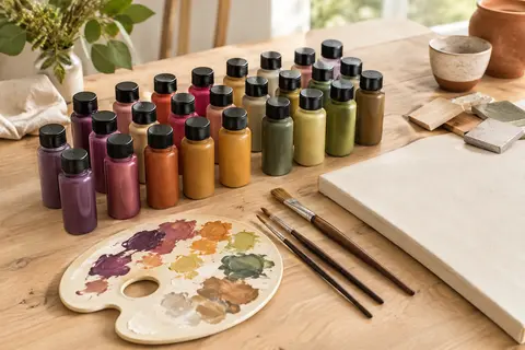 Flacons de peinture acrylique, trois pinceaux et palette disposés sur une table d’atelier claire