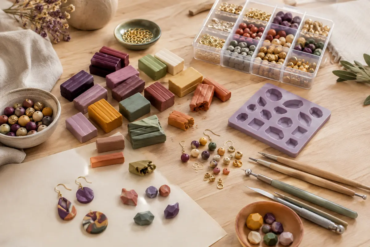Kit de pâte polymère multicolore avec outils de modelage, moule en silicone et petits accessoires sur une table claire