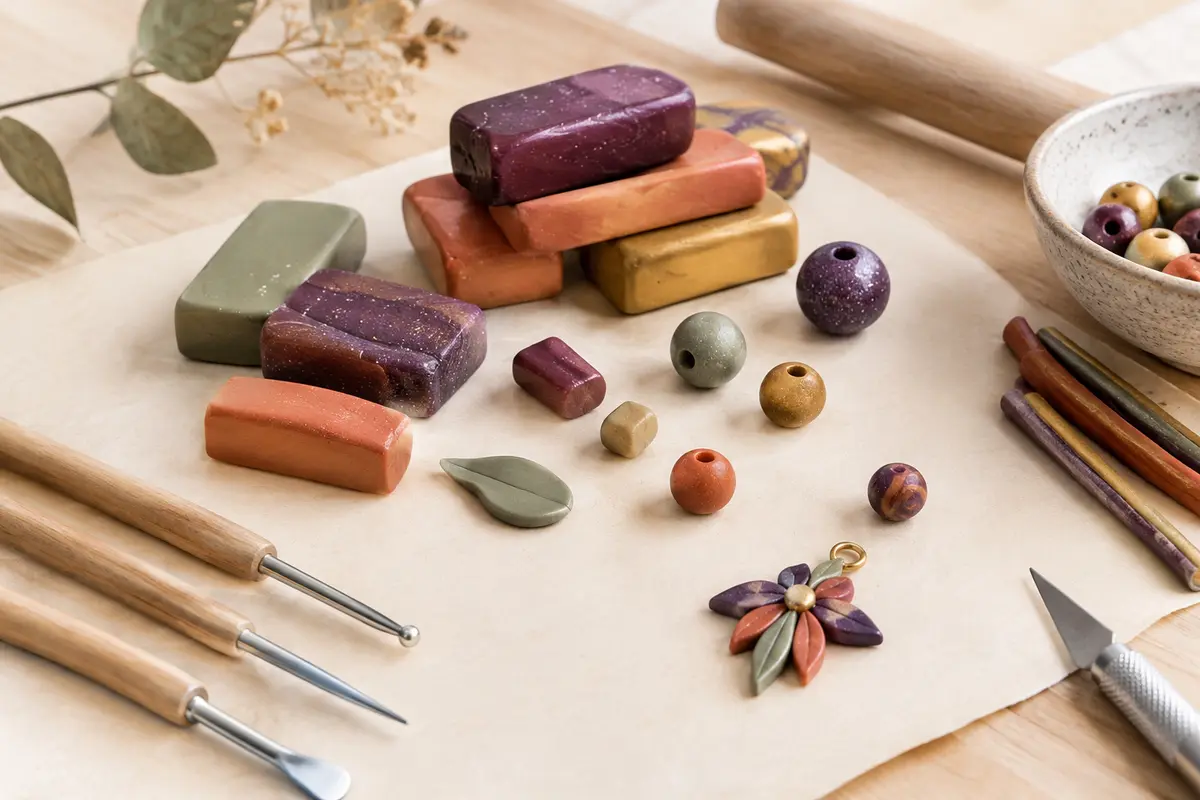 Portions de pâte polymère pailletée et petites formes modelées sur une table d’atelier claire.
